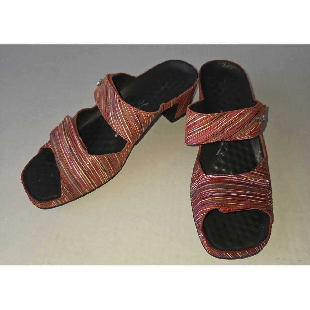 Vital Joy Mule Leather Comfort Sandals Red  Striped  Sz 36 (5.5-6 US) ~ EUC ~